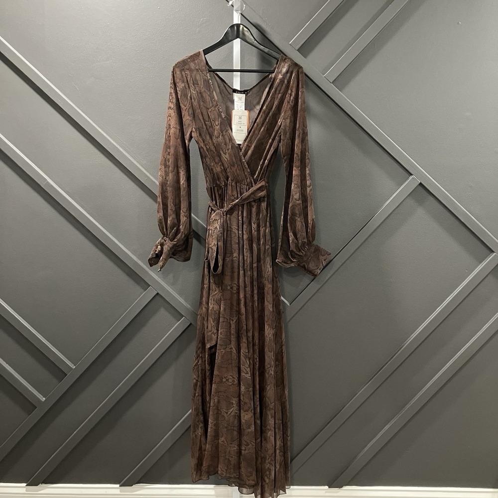 Kikiriki Dress Women Sz Medium Brown Animal Mesh Maxi Long Sleeve Belted NWT